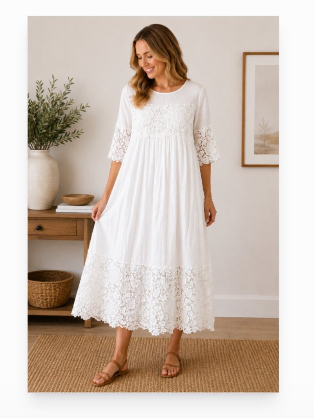 Brass & Roe EUC white lace cotton prairie cottagecore boho midi dress size M